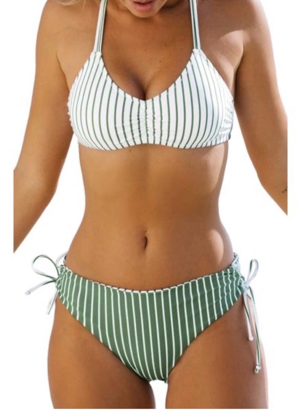 NET Cupshe Green and White Stripe Tie-Side Bikini, Size Small